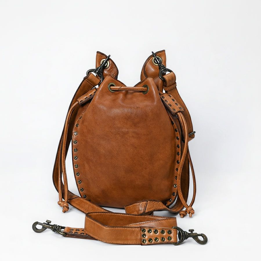Spaghetti Western Swc137Tan Bucket Vintage Handmade Drum Dyed Genuine European Cowhide Leather Women Bag Western Handbag Purse