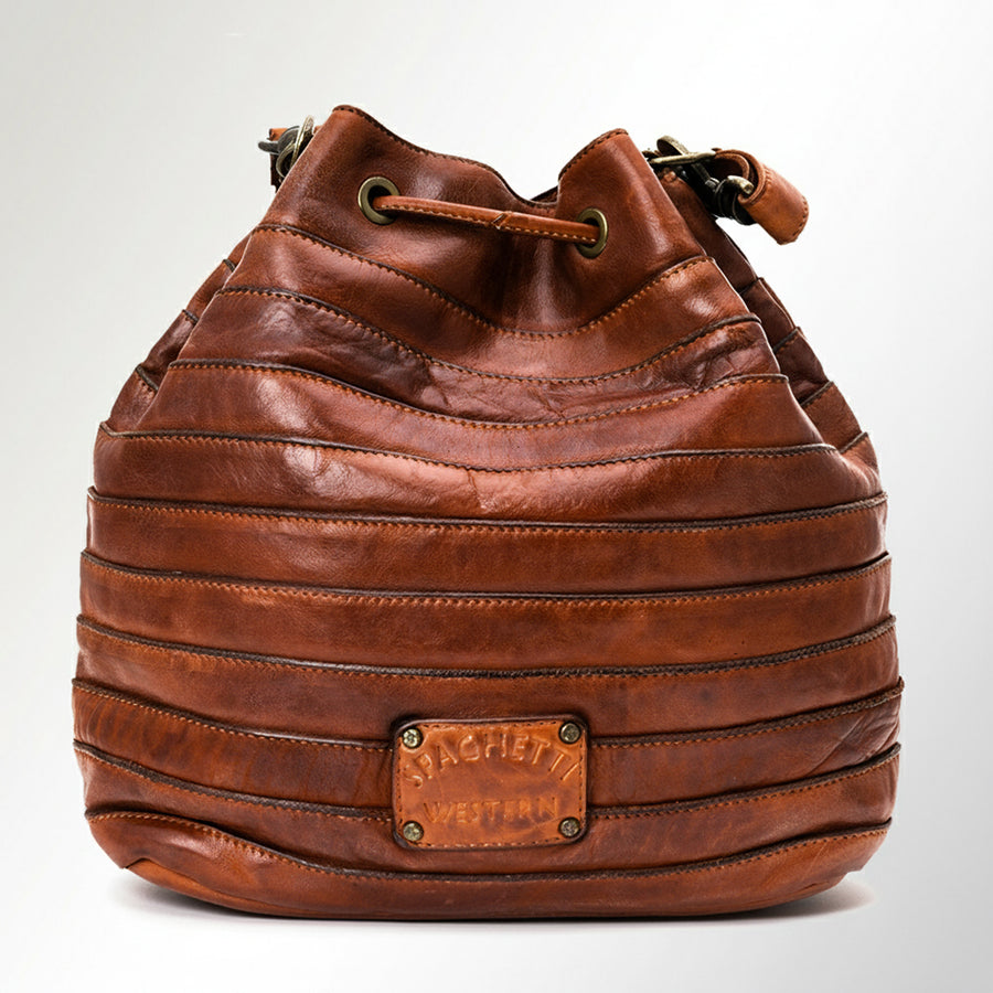 Spaghetti Western Swc138Bcg Bucket Vintage Handmade Drum Dyed Genuine European Cowhide Leather Women Bag Western Handbag Purse