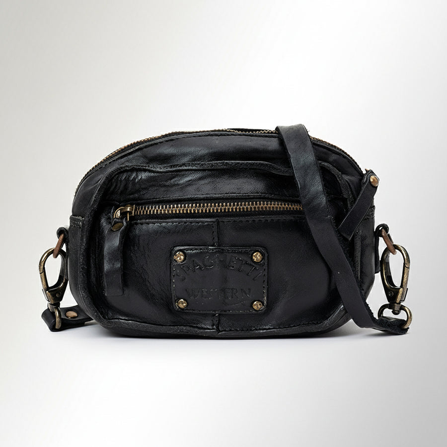 Spaghetti Western Swc166Blk Small Crossbody Vintage Handmade Drum Dyed Genuine European Cowhide Leather Women Bag Western Handbag Purse