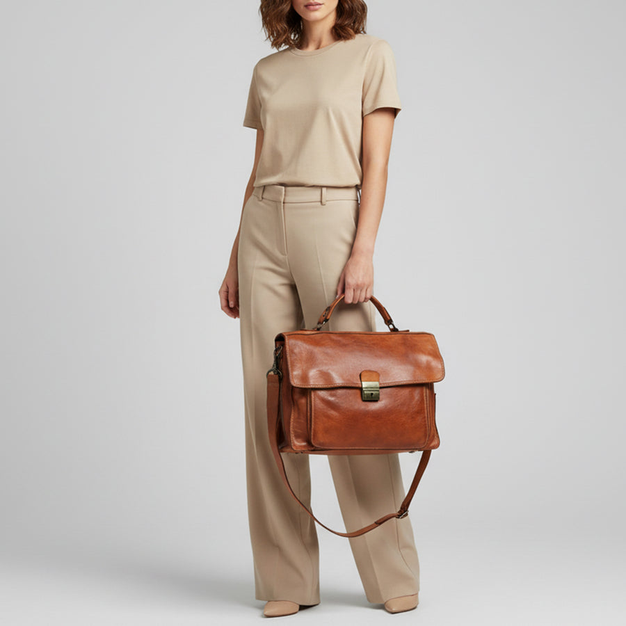 Spaghetti Western Swc171Tan Briefcase Vintage Handmade Drum Dyed Genuine European Cowhide Leather Women Bag Western Handbag Purse