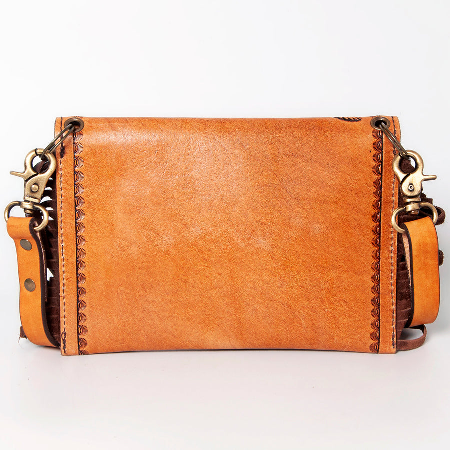 American Darling Envelope Bag Hand Tooled Floral Carved Genuine Leather with Fringes Western Purse