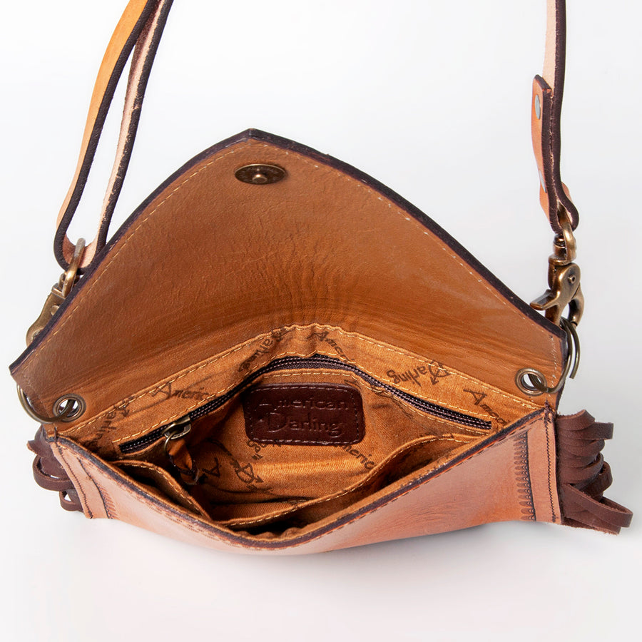 American Darling Envelope Bag Hand Tooled Floral Carved Genuine Leather with Fringes Western Purse
