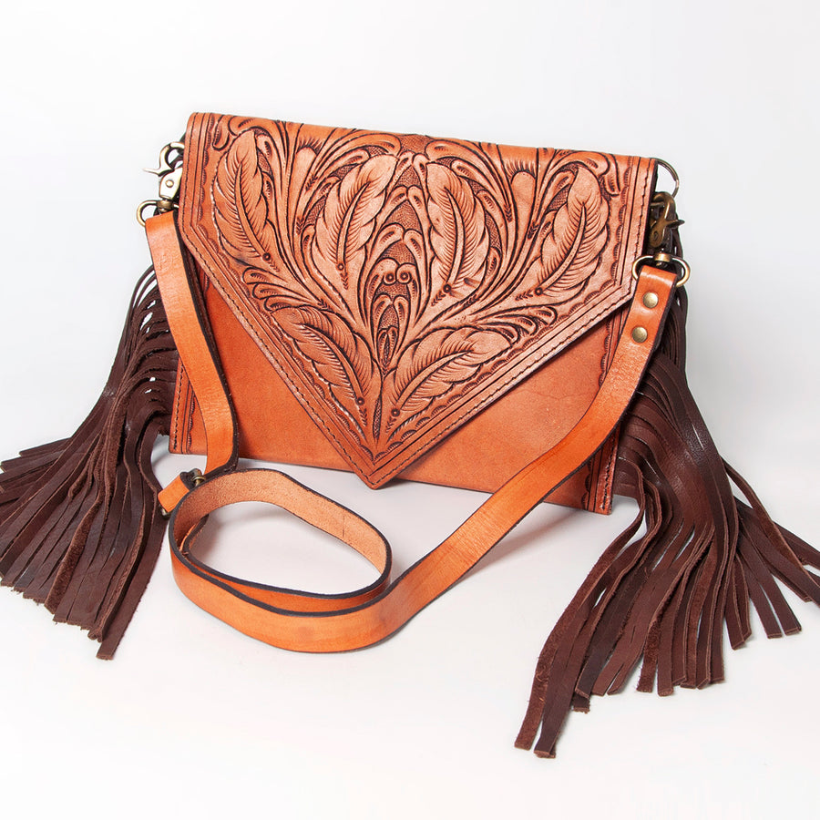 American Darling Hand Tooled Genuine Leather Envelope with Fringes - Uhorse