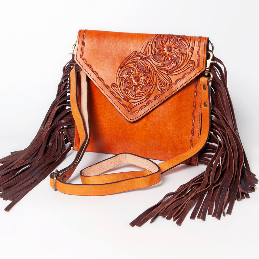 American Darling Hand Tooled Genuine Leather Envelope Bag with Fringes - Uhorse