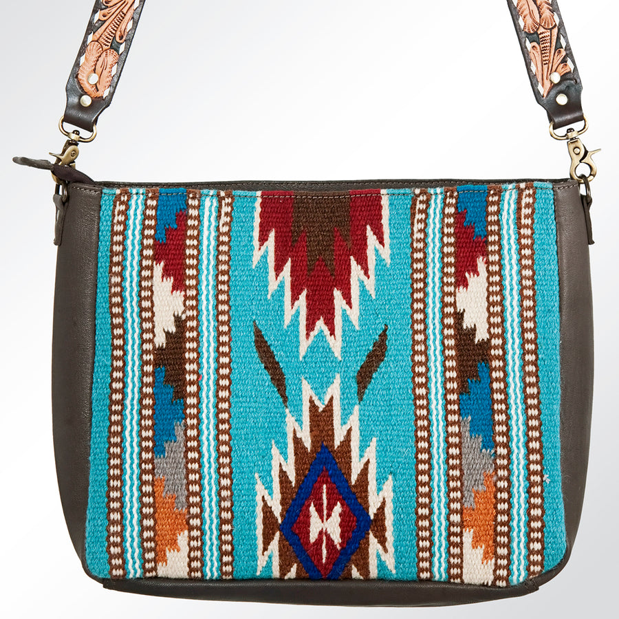 American Darling Women's Hand Tooled Floral Carved Leather Cross body Bag with Hand-Woven Saddle Blanket and Buck Stitching