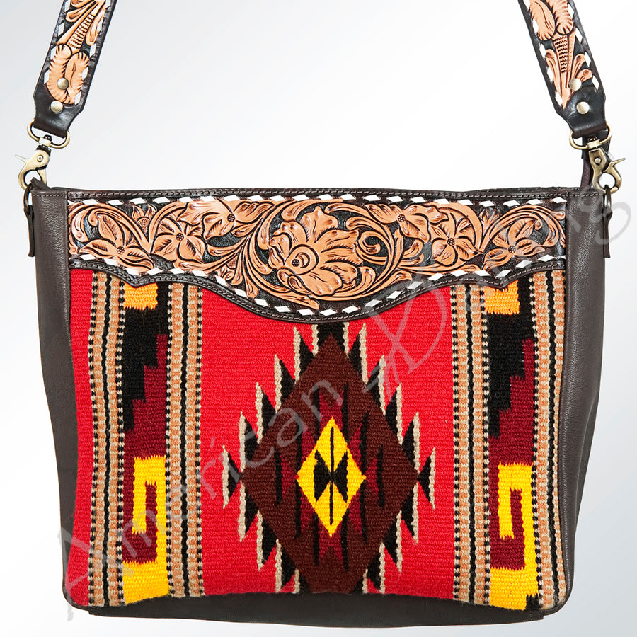 American Darling Women's Hand Tooled Floral Carved Leather Cross body Bag with Hand Woven Saddle Blanket and Buck Stitching