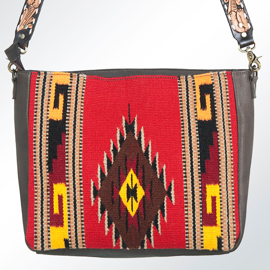 American Darling Women's Hand Tooled Floral Carved Leather Cross body Bag with Hand Woven Saddle Blanket and Buck Stitching