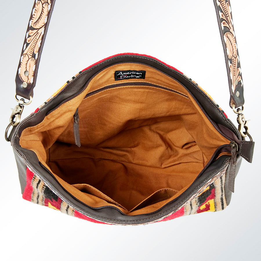 American Darling Women's Hand Tooled Floral Carved Leather Cross body Bag with Hand Woven Saddle Blanket and Buck Stitching