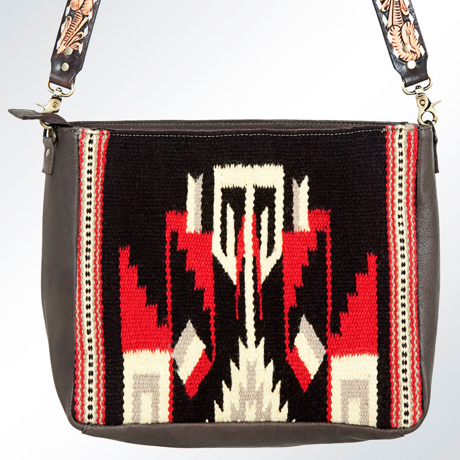American Darling Women's Hand Tooled Floral Carved Leather Cross body Bag with Hand Woven Saddle Blanket and Buck Stitching