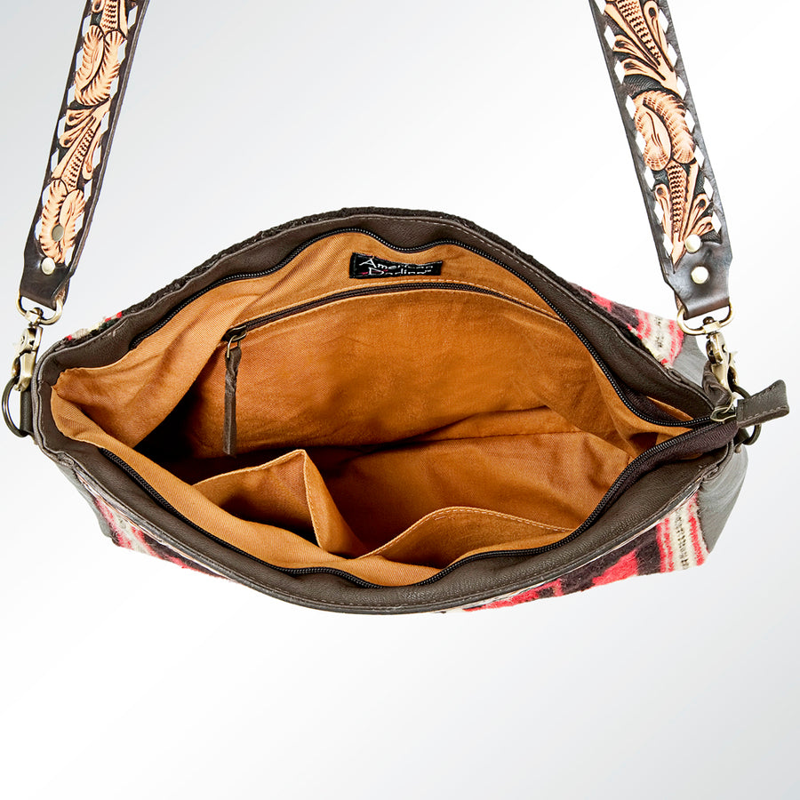 American Darling Women's Hand Tooled Floral Carved Leather Cross body Bag with Hand Woven Saddle Blanket and Buck Stitching