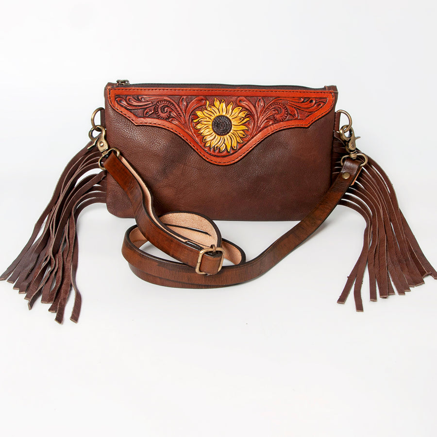 American Darling Women's Hand Tooled Sunflower Carved Leather Small Crossbody Bag with Fringes and Eco-Friendly Full Grain Leather