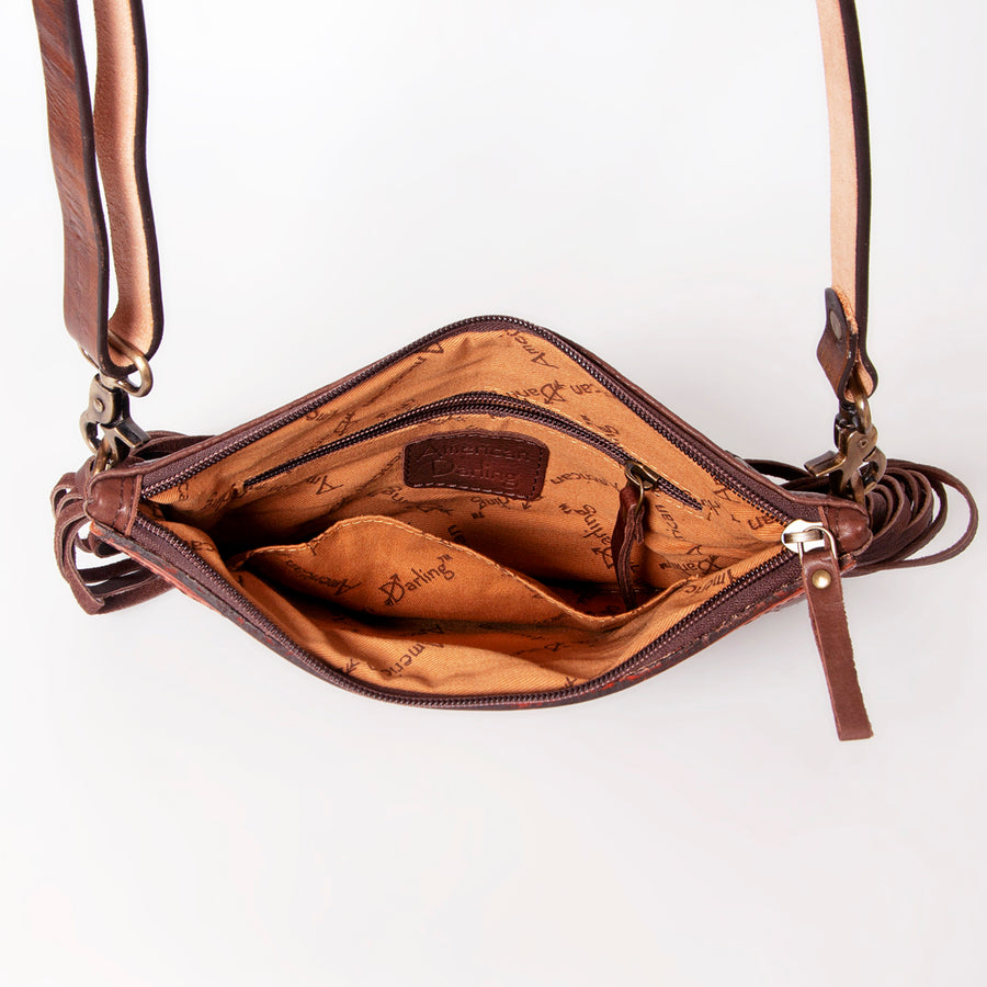 American Darling Women's Hand Tooled Sunflower Carved Leather Small Crossbody Bag with Fringes and Eco-Friendly Full Grain Leather