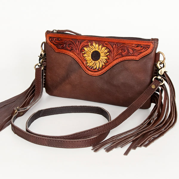 American Darling Hand Tooled Sunflower Carved Leather Fringe Small Crossbody Bag - Uhorse