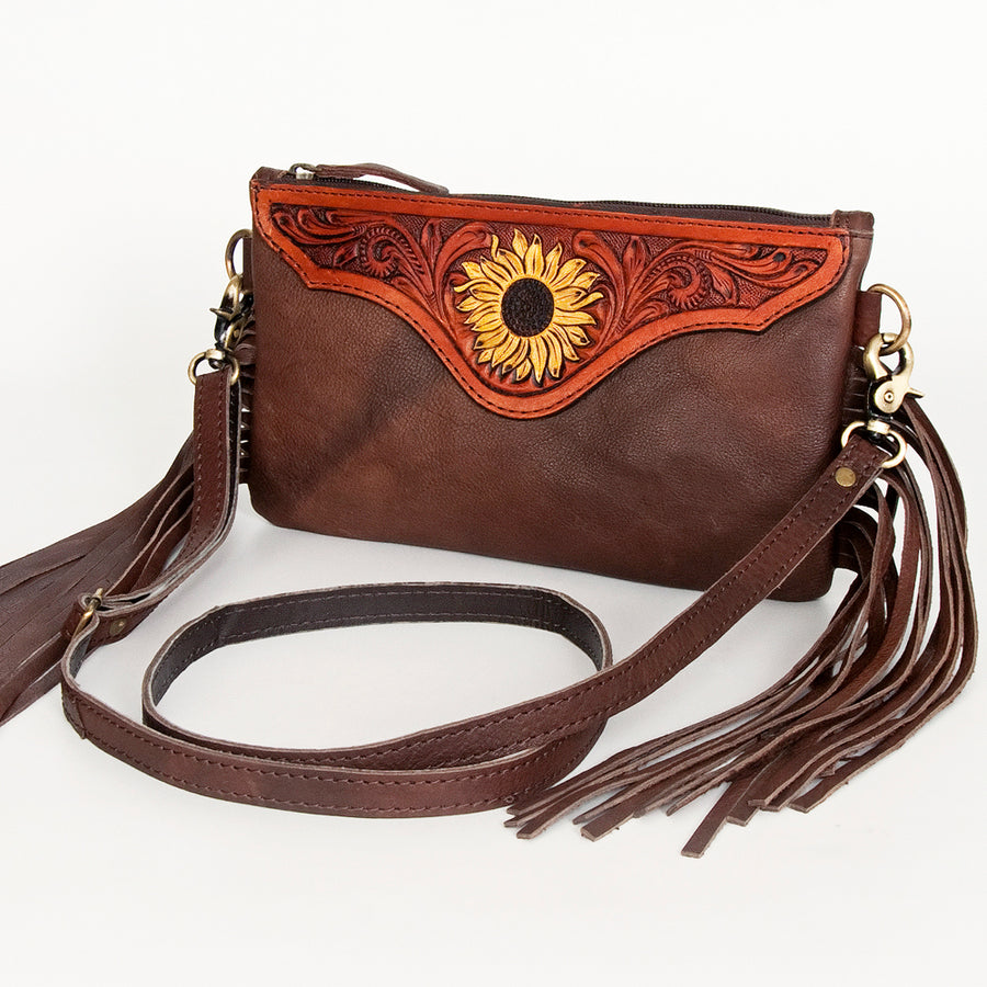American Darling Hand Tooled Sunflower Carved Leather Fringe Small Crossbody Bag - Uhorse