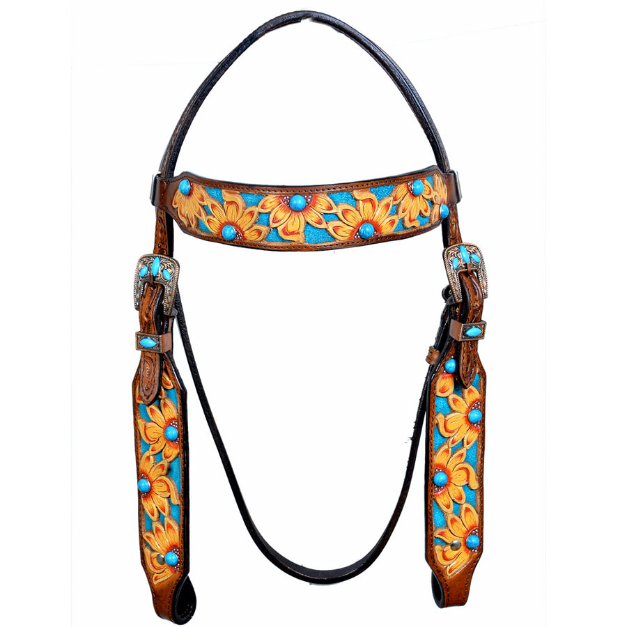 Hilason Western Horse Headstall Breast Collar Leather Floral Tan Turquoise