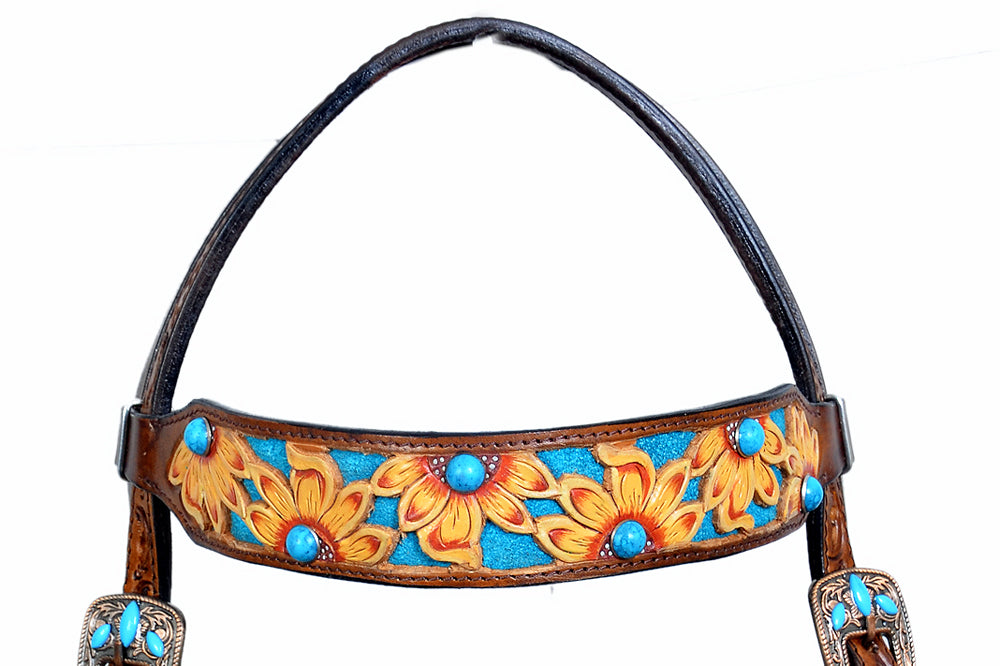 Hilason Western Horse Headstall Breast Collar Leather Floral Tan Turquoise