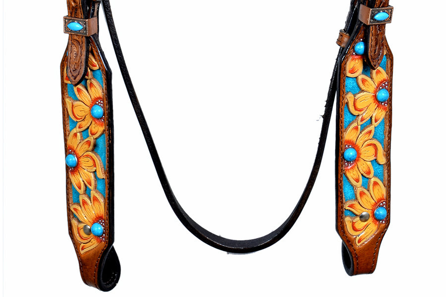 Hilason Western Horse Headstall Breast Collar Leather Floral Tan Turquoise