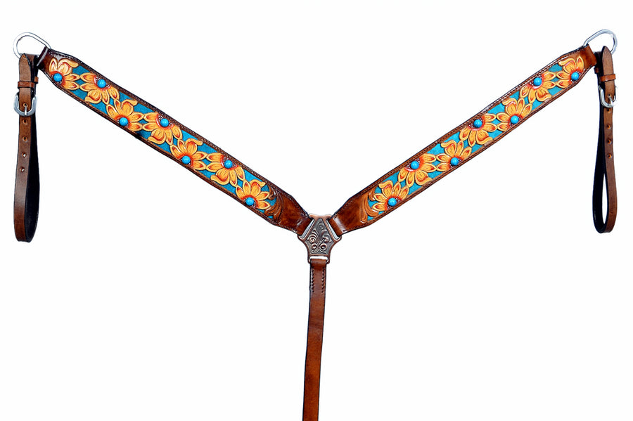 Hilason Western Horse Headstall Breast Collar Leather Floral Tan Turquoise