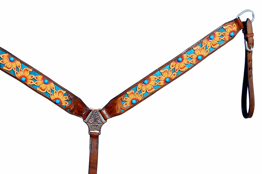 Hilason Western Horse Headstall Breast Collar Leather Floral Tan Turquoise