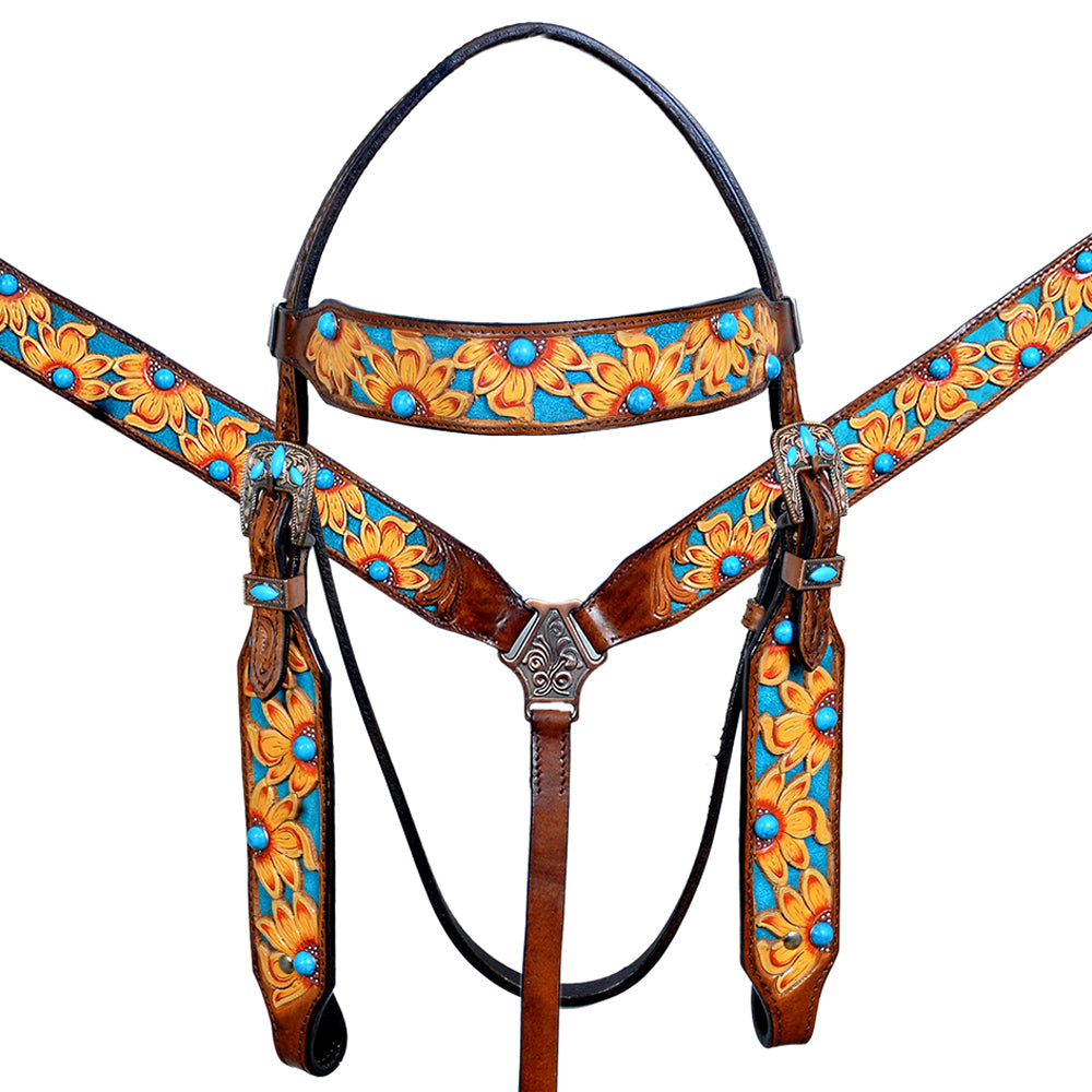 Hilason Western Horse Headstall Breast Collar Leather Floral Tan Turquoise