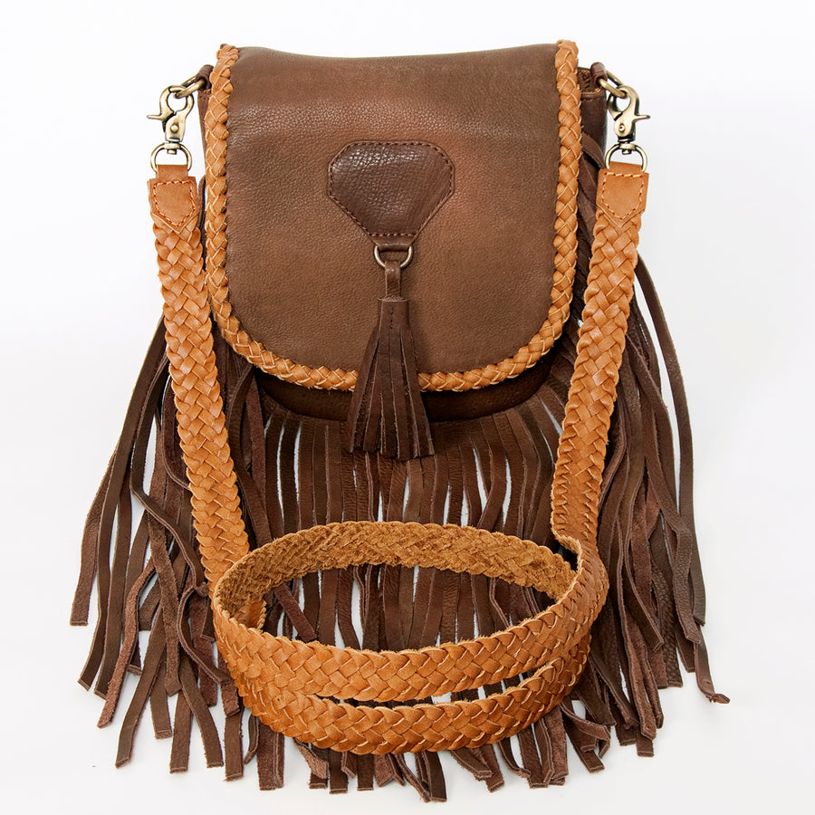 American Darling Cross body Bag, Handcrafted Genuine Leather with Long Fringes and Braided Detail, 7in (H) X 7in (W) X 4in (D)