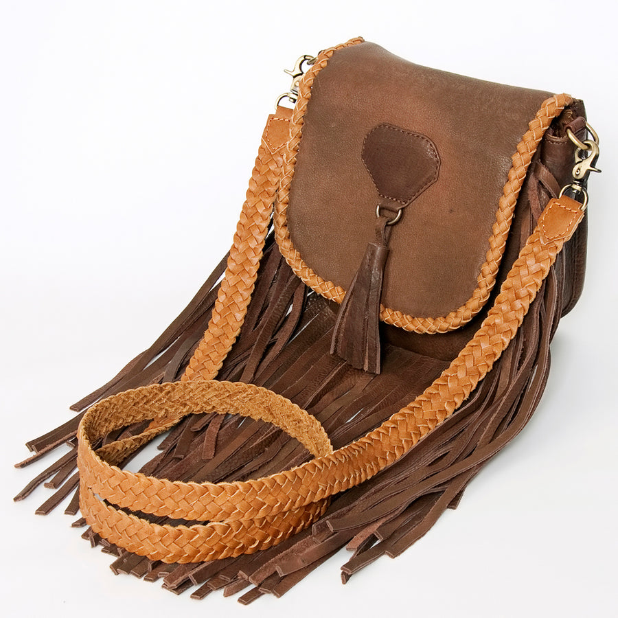 American Darling Handcrafted Leather Cross body Bag with Long Fringes and Braided Trim - Uhorse