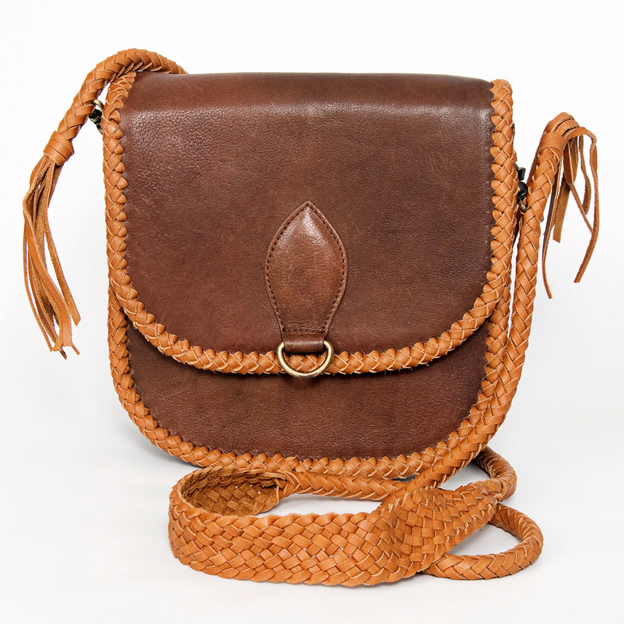 American Darling Cross body Bag, Handcrafted Genuine Leather with Braided Detail and Fringes, 9in (H) X 9in (W) X 4in (D)