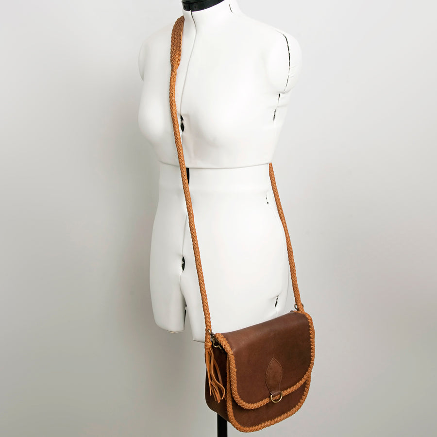 American Darling Cross body Bag, Handcrafted Genuine Leather with Braided Detail and Fringes, 9in (H) X 9in (W) X 4in (D)