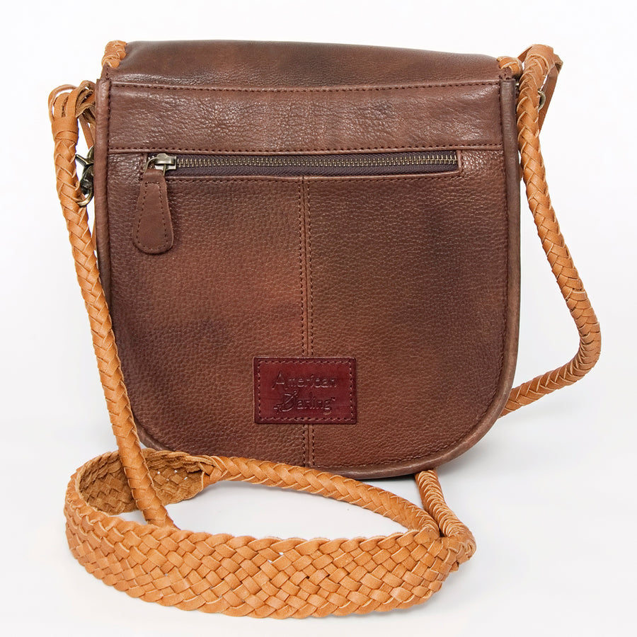 American Darling Cross body Bag, Handcrafted Genuine Leather with Braided Detail and Fringes, 9in (H) X 9in (W) X 4in (D)