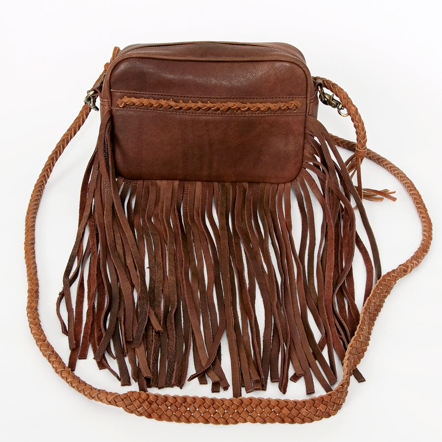 American Darling Small Cross body Bag, Handcrafted Genuine Leather Western Handbag with Fringes & Braided Strap, 9in X 6in