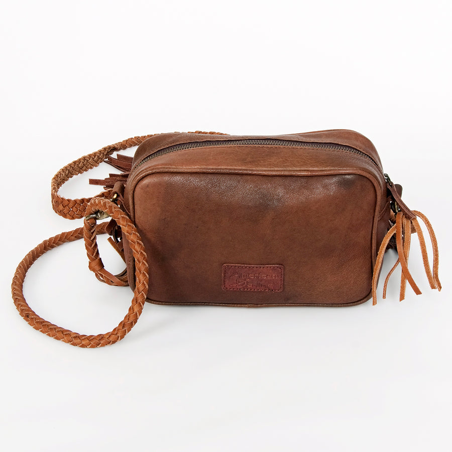 American Darling Small Cross body Bag, Handcrafted Genuine Leather Western Handbag with Fringes & Braided Strap, 9in X 6in