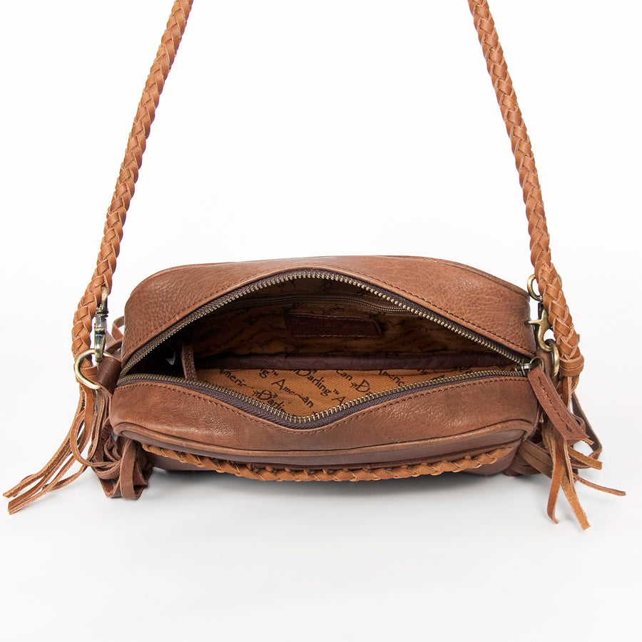 American Darling Small Cross body Bag, Handcrafted Genuine Leather Western Handbag with Fringes & Braided Strap, 9in X 6in