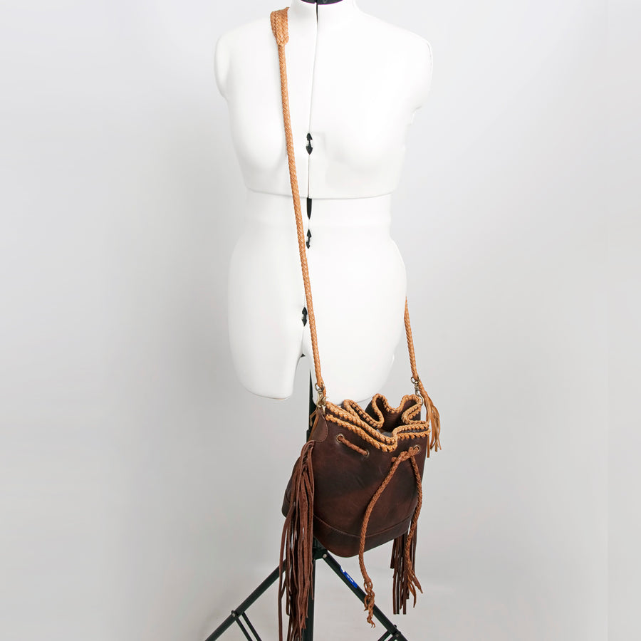 American Darling Bucket bag, Handcrafted Genuine Leather Western Purse with Fringes & Braided Strap, 10in X 9in X 7in