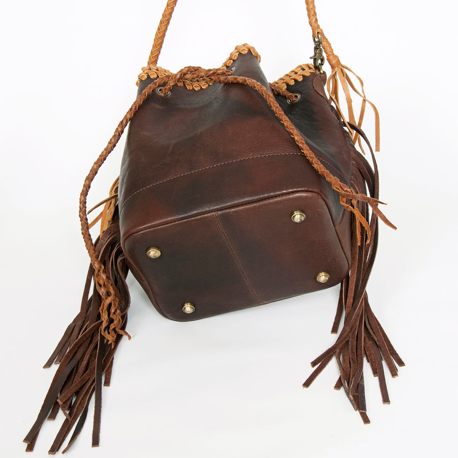 American Darling Bucket bag, Handcrafted Genuine Leather Western Purse with Fringes & Braided Strap, 10in X 9in X 7in