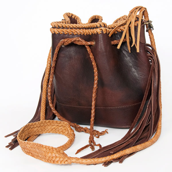 American Darling Handcrafted Leather Bucket bag with Fringes and Braided Drawstring - Uhorse