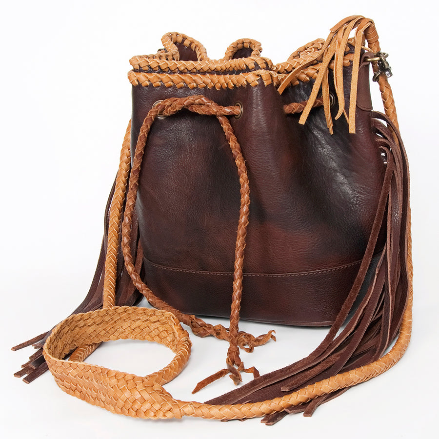 American Darling Handcrafted Leather Bucket bag with Fringes and Braided Drawstring - Uhorse