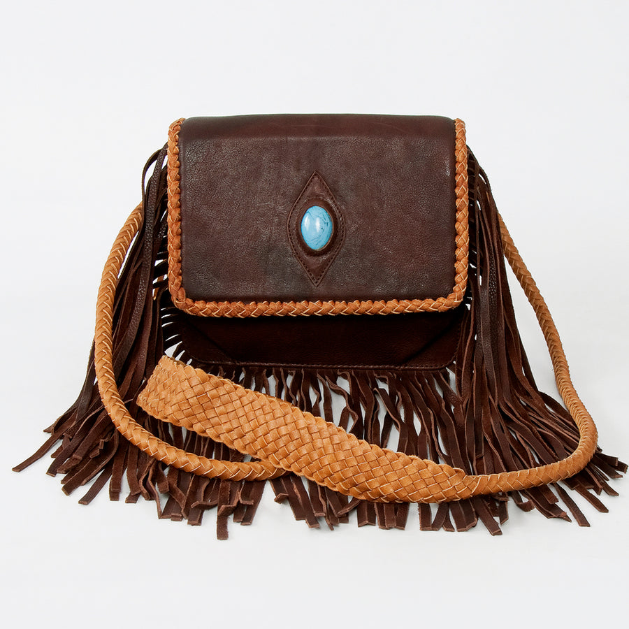 American Darling Cross body Bag, Genuine Vegetable-Tanned Leather Western Purse with Stone, Braided Trim & Long Fringes