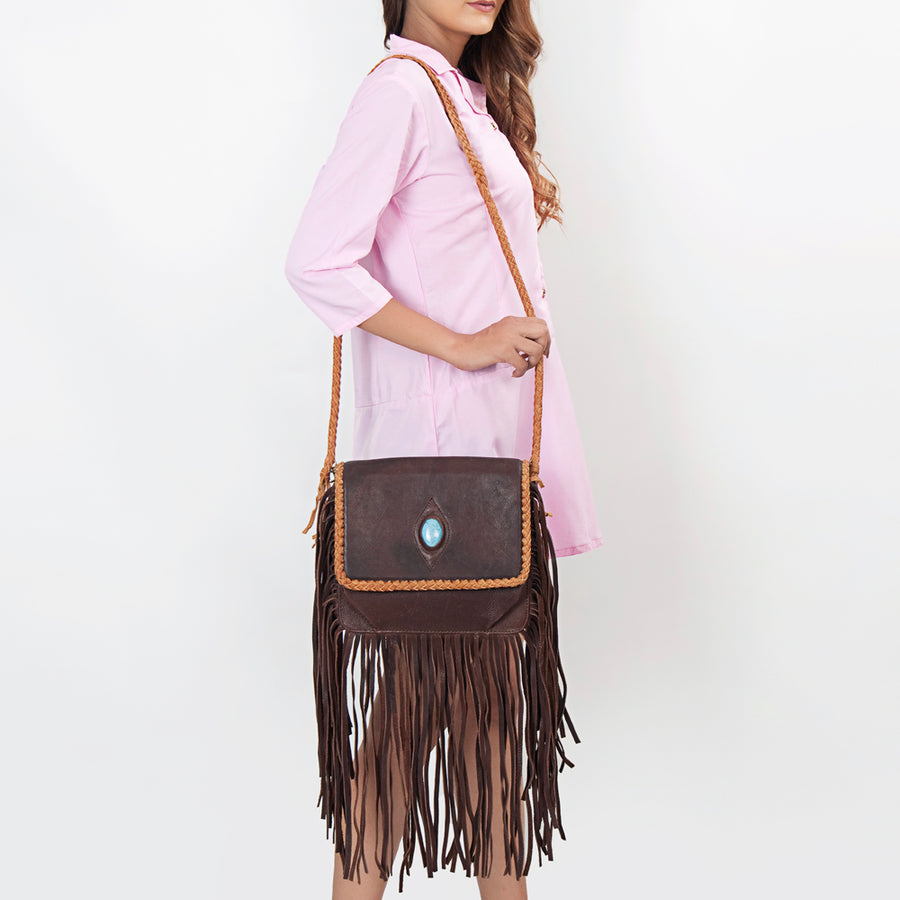 American Darling Cross body Bag, Genuine Vegetable-Tanned Leather Western Purse with Stone, Braided Trim & Long Fringes