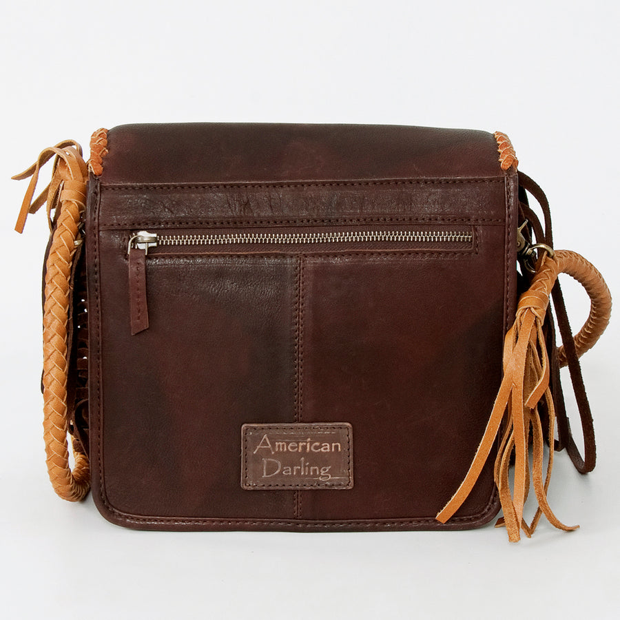 American Darling Cross body Bag, Genuine Vegetable-Tanned Leather Western Purse with Stone, Braided Trim & Long Fringes
