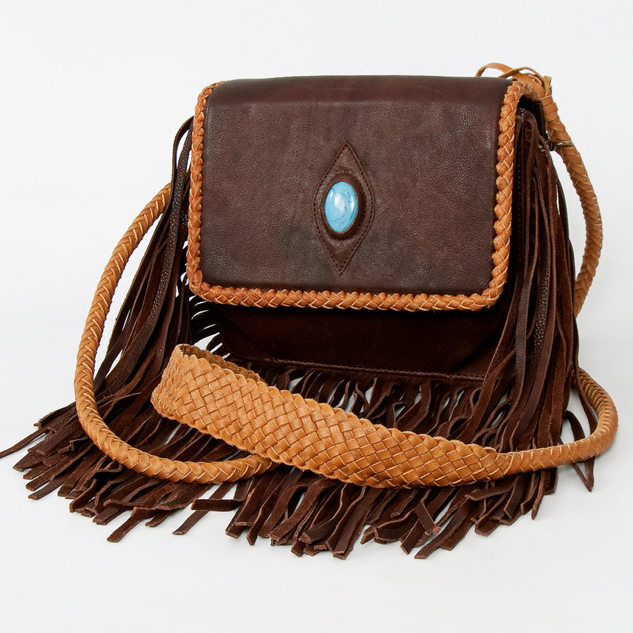 American Darling Handcrafted Leather Cross body Bag with Stone and Long Fringes - Uhorse