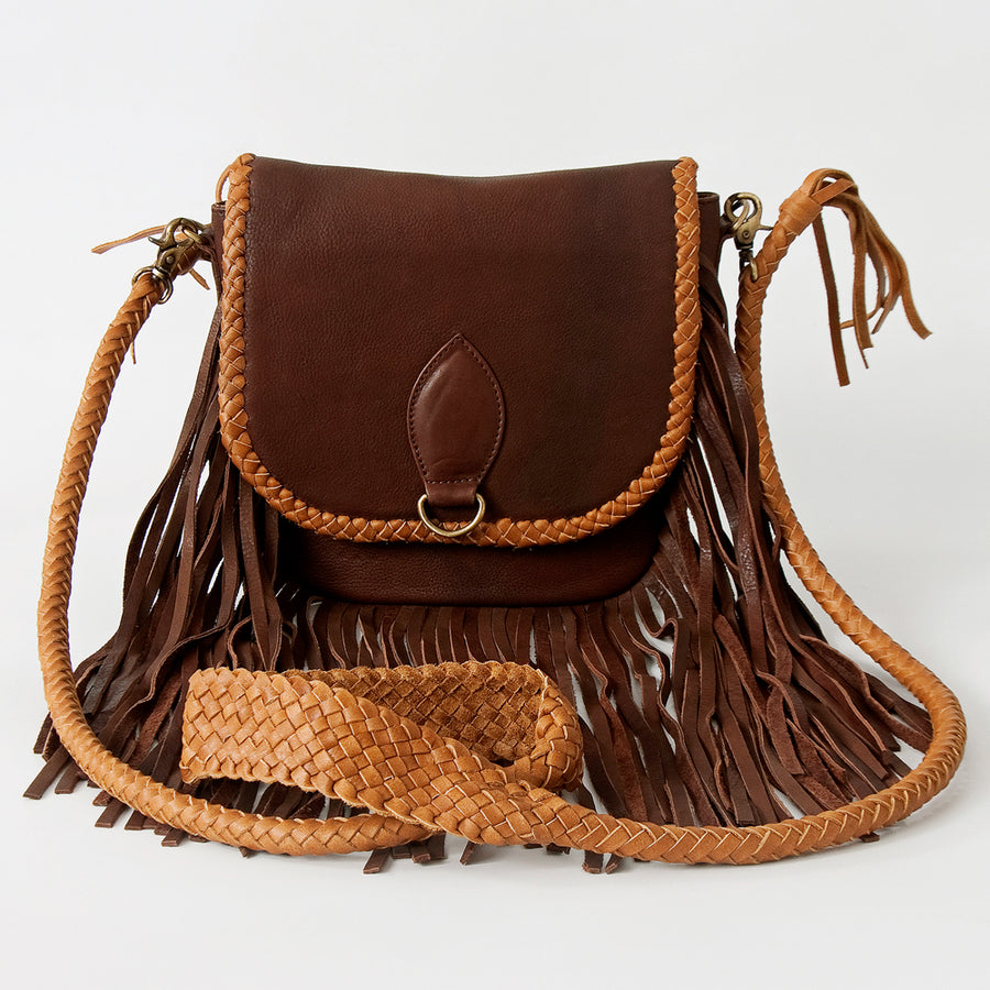 American Darling Cross body Bag, Genuine Vegetable-Tanned Leather, Braided Trim & Fringes, Western Handcrafted Handbag for Women