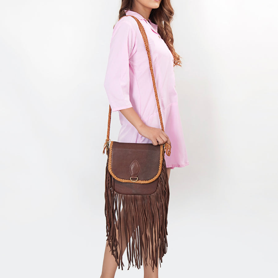 American Darling Cross body Bag, Genuine Vegetable-Tanned Leather, Braided Trim & Fringes, Western Handcrafted Handbag for Women