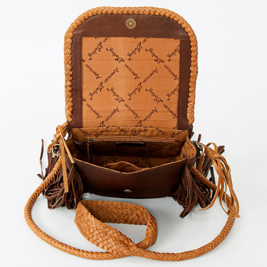 American Darling Cross body Bag, Genuine Vegetable-Tanned Leather, Braided Trim & Fringes, Western Handcrafted Handbag for Women