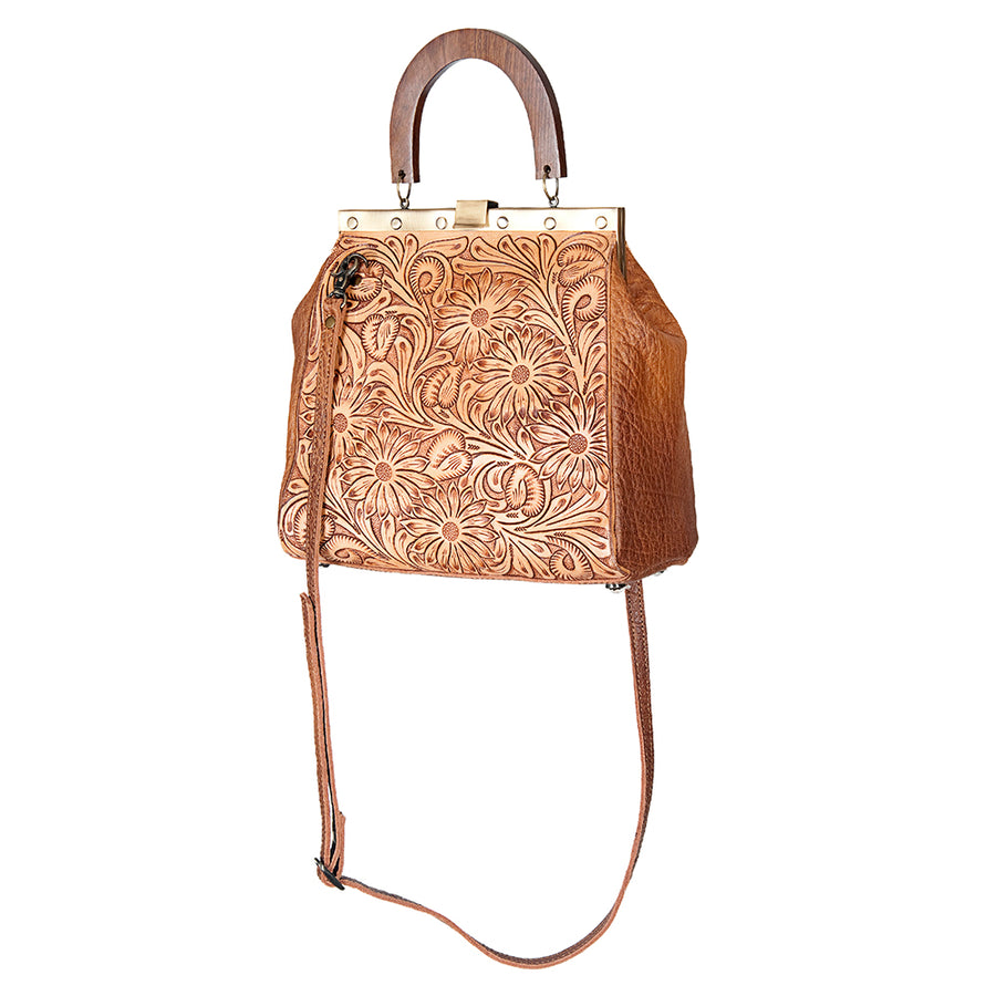 American Darling Vintage-Inspired Tooled Leather HandBag with Wooden Handle