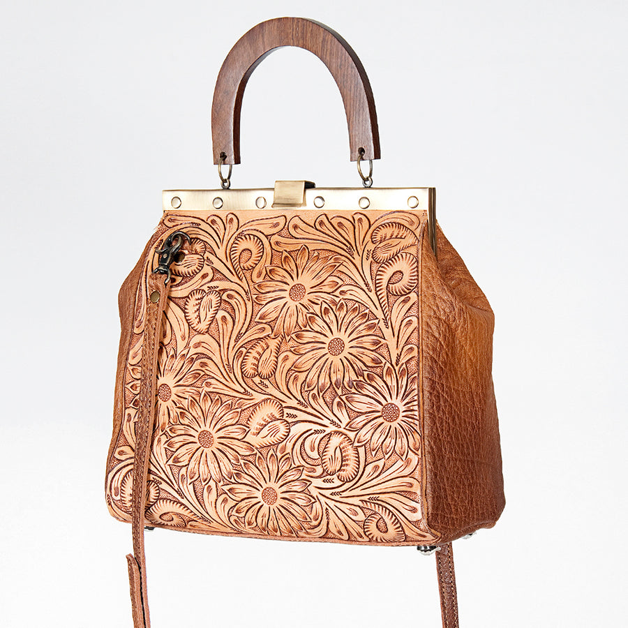 American Darling Vintage-Inspired Tooled Leather HandBag with Wooden Handle - Uhorse