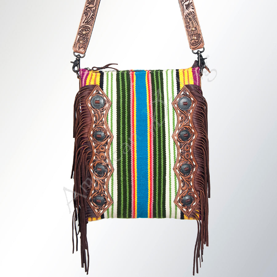 American Darling Large Cross body Bag Hand Tooled Saddle Blanket Genuine Leather Western Purse with Fringes & YKK Zipper