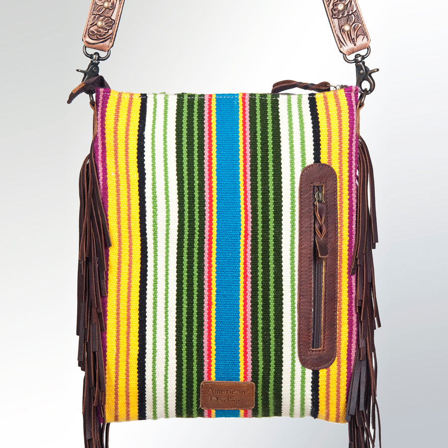 American Darling Large Cross body Bag Hand Tooled Saddle Blanket Genuine Leather Western Purse with Fringes & YKK Zipper