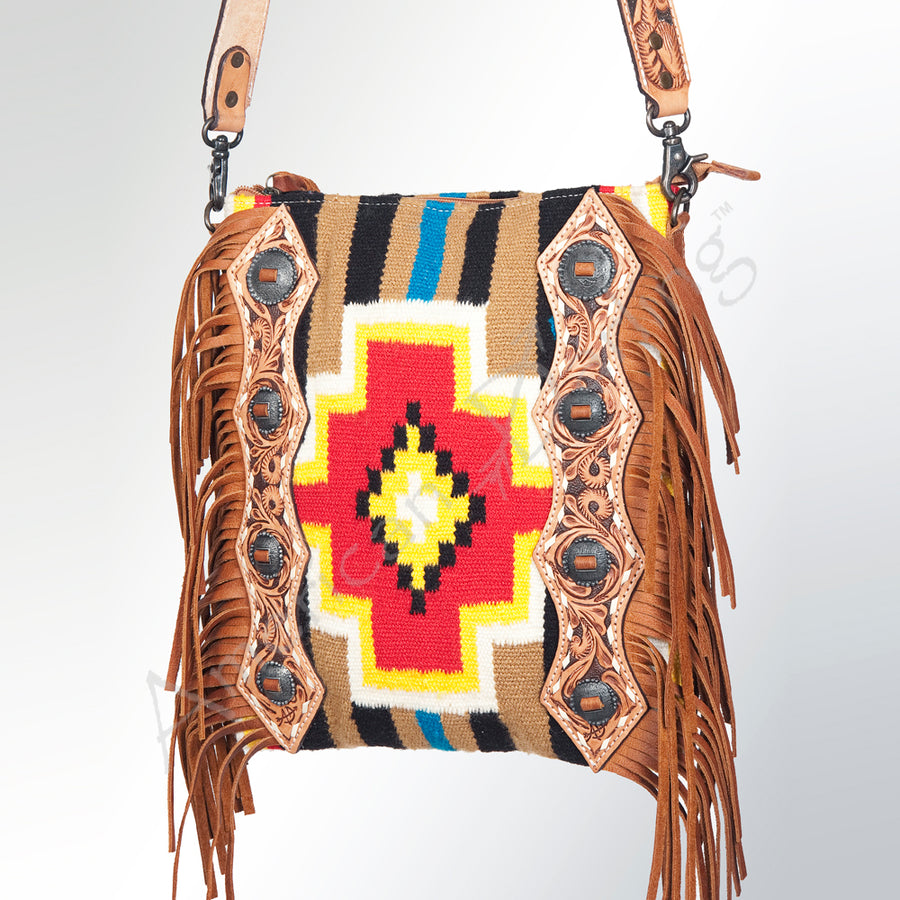 American Darling Hand Tooled Saddle Blanket Large Cross body Bag with Fringes - Uhorse