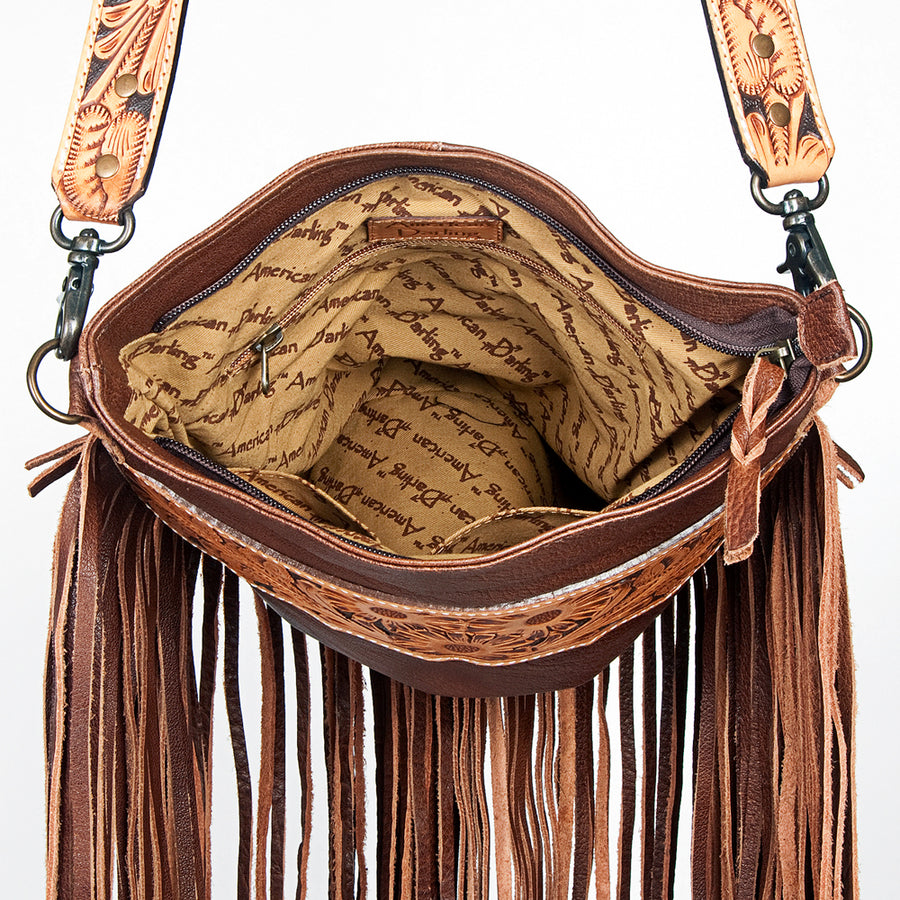 American Darling Large Cross body Bag Hand Tooled Genuine Leather Western Purse with Fringes & YKK Zipper
