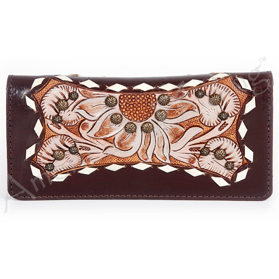 American Darling Western Clutch Bag Hand Tooled Floral Carved Genuine Vegetable Tanned Leather Purse with YKK Zipper
